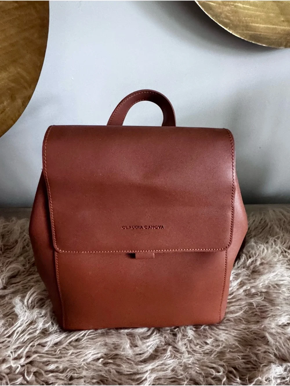 Claudia Canova Cognac Faux Leather Flap Backpack